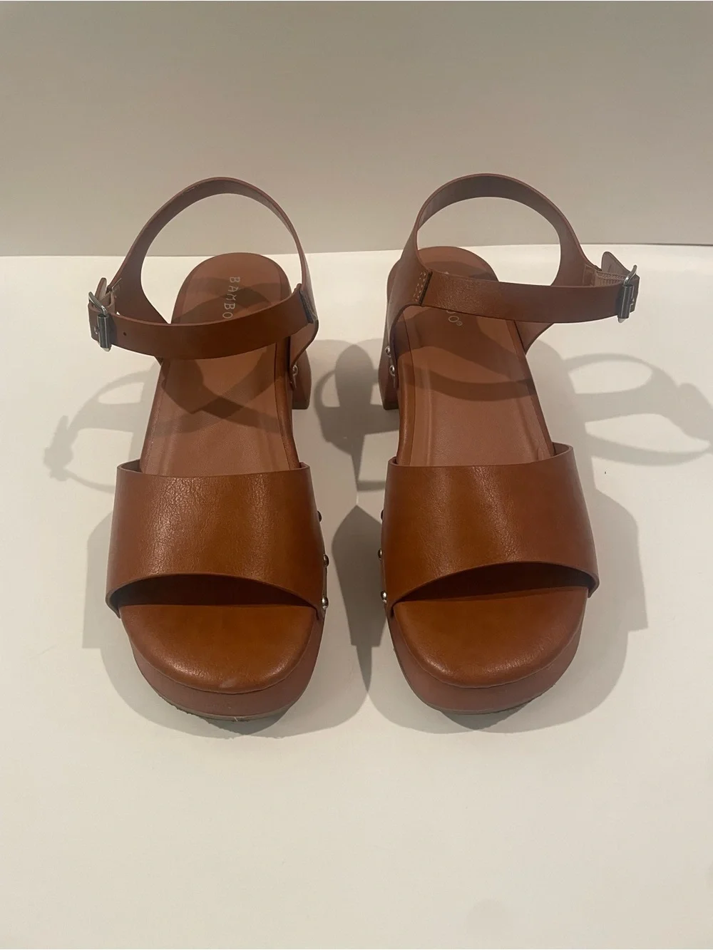 BAMBOO Tan Brown Studded Block Heel Sandals